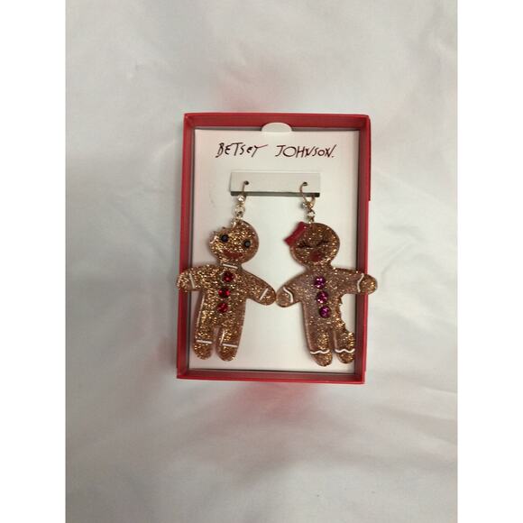 NIB Betsey Johnson Gingerbread Man & Woman Dangle Earrings With Glitter & Pave - Picture 1 of 5